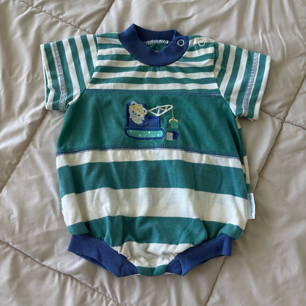 Vintage Healthtex Color Block Striped Green and Blue White Kids One Piece